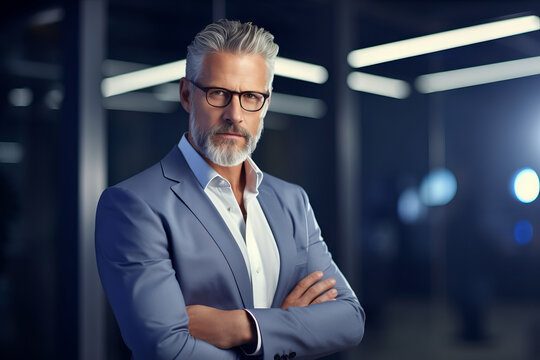 Bank manager or investor, happy middle aged business man boss ceo, confident mid adult professional businessman executive standing in office, mature entrepreneur headshot portrait