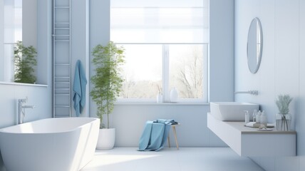 Fototapeta na wymiar Interior of modern luxury scandi bathroom with window and white walls. Free standing bath, bowl-shape wash basin, round wall mirror, houseplants. Contemporary home design. 3D rendering.