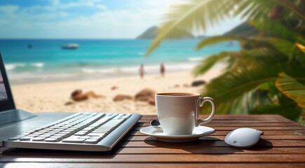 close-up of cup of coffee and laptop keyboard, business mans table, keyboard on the table, close-up of laptop keyboard, keyboard and cup of coffee - obrazy, fototapety, plakaty