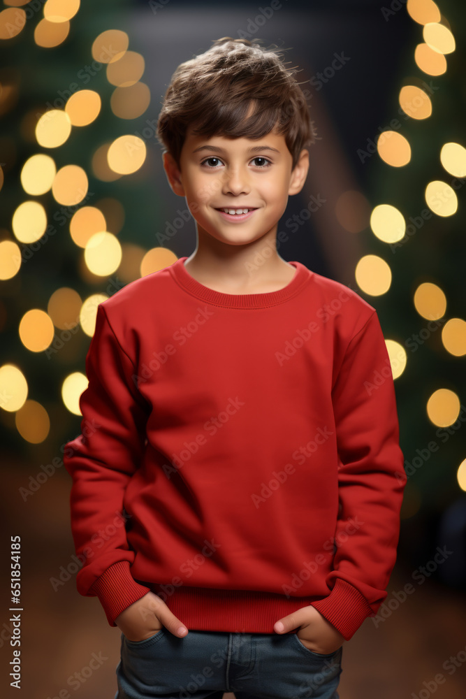 Poster Happy boy kid a red mock-up crew neck sweatshirt , Christmas sweater Mockup with Christmas decorations background