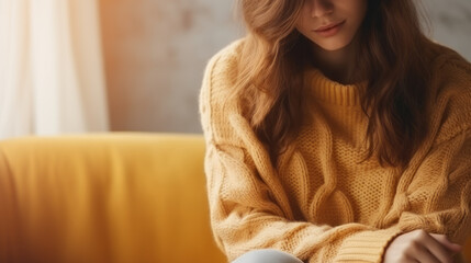 Serene young woman in a knitted wool sweater is resting at home on an autumn or winter day. Concern for mental health, loneliness, a sense of balance and calmness with sun light - obrazy, fototapety, plakaty