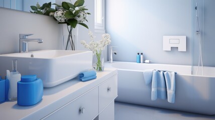 Interior of modern luxury scandi bathroom with window and white walls. Large rectangular bathtub, wash basin on white countertop, flowers in vases. Contemporary home design. 3D rendering.