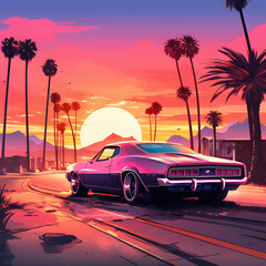 retro car  in the city at sunset illustration ai generative