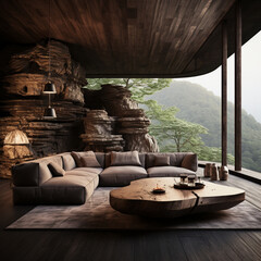 Interior Design, Living room with serene nature view, Beautiful mansion design in the forest