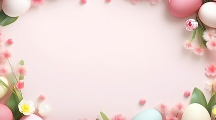 Fototapeta na wymiar Happy Easter Background with Message Frame and Easter Eggs Scene