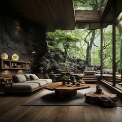 Interior Design, Living room with serene nature view, Beautiful mansion design in the forest