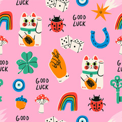 Maneki Neko, horseshoe, clover, acorn, evil eye, star, dice, fig, key, mushroom, ladybug. Talisman, amulet, good luck symbol, fortune, success, prosperity concept. Hand drawn Vector seamless Pattern - 651855954