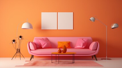 Stylish monochrome interior of modern living room in pastel orange and pink tones. Trendy couch, coffee table, floor lamps, poster templates. Creative home design. Mockup, 3D rendering.