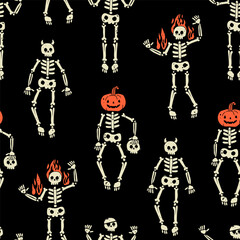 Human skeletons with pumpkin head, eyepatch, horns and flame. Hand drawn modern Vector illustration. Cute creepy characters. Halloween concept. Square seamless pattern, background, wallpaper - obrazy, fototapety, plakaty