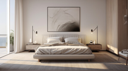 A bedroom with a king size bed, a nightstand, and a few pieces of art