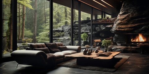 Interior Design, Living room with serene nature view, Beautiful mansion design in the forest