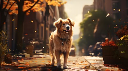 Portrait of a smiley Golden Retreiver dog looking at the camera in the beautiful city