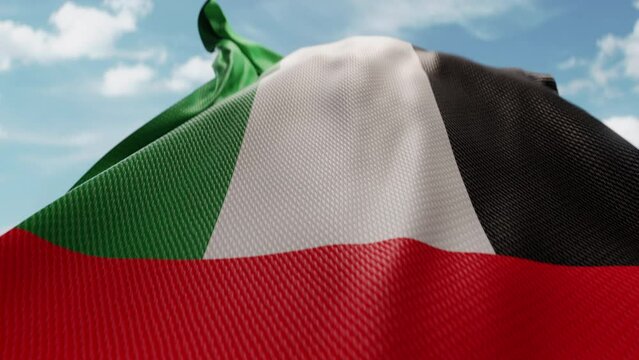Wavy flag of United Arab Emirates blowing in the wind in slow motion. Waving official UAE flag team symbol abstract vertical background. Blue sky with clouds. World countries flying flags concept