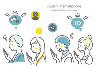 スマホのトラブルで困る大学生　シンプルでお洒落な線画イラスト