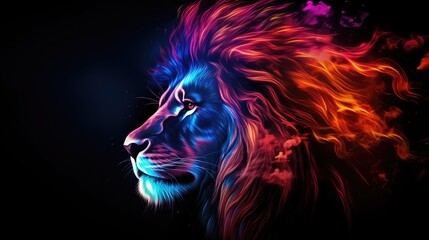 Lion The Head of a Lion in a Multi-Colored Flame Abstract Multicolored Profile Portrait of a Lion Head on a Black Background