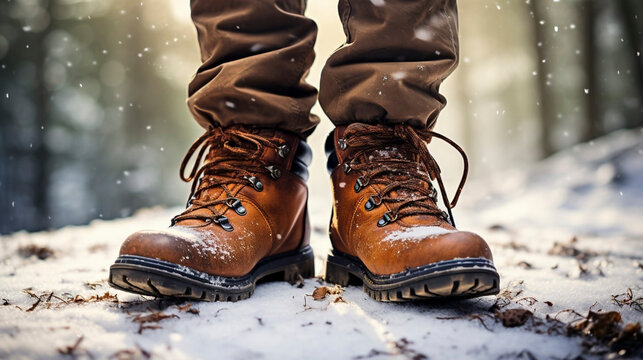 stockphoto, Hiker's Boots in the snow. Used hiking boots standing on the soil in a snowy landscape.
Hiking boots in a alpine landscape. Hiking, exploring. Wanderlust.
