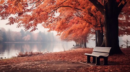 Autumn park in the misty morning with bench and lake.