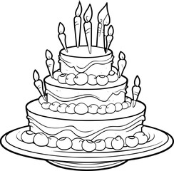 a black and white outline drawing of a birthday cake