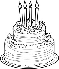 a black and white outline drawing of a birthday cake