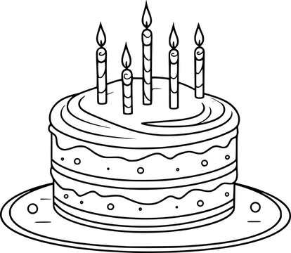 recommend clip art: a black and white outline drawing of a birthday cake