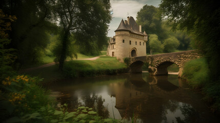Obraz premium Enchanting Fog-Enveloped Castle: Idyllic Countryside Reflections in Dark Beige and Emerald – Perfect for Book Covers, Mystical Themes, and Romantic Backdrops