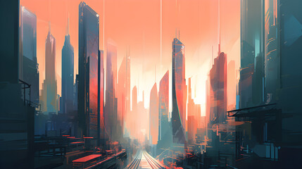 Futuristic Cypherpunk Cityscape at Sunset: Enigmatic Light Red and Turquoise Atmosphere - Perfect for Sci-Fi Projects, Digital Art Backgrounds, and Atmospheric Landscape Illustrations