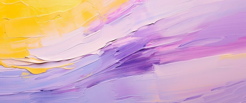 Closeup Of Abstract Rough Purple And Yellow Art Painting Texture, With Oil Acrylic Brushstroke, Pallet Knife Paint Technic On Canvas, Artistic Background, Banner