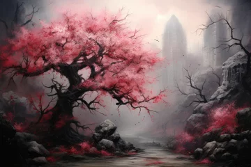 Foto op Canvas Cherry Blossom Macabre: Realistic Gothic Art © Andrii 
