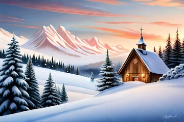 A cozy Christmas chapel nestled in a snowy forest, warm candlelight glowing through the stained...