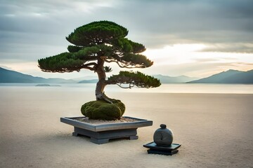 A tranquil Zen garden with meticulously raked gravel, a single bonsai tree, and a stone lantern