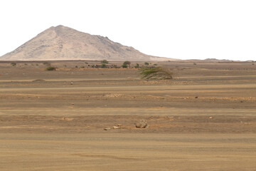 Rocky desert landscape with mountain in the background and transparent sky. Background suitable for 3D compositing