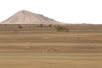 Rocky desert landscape with mountain in the background and transparent sky. Background suitable for 3D compositing