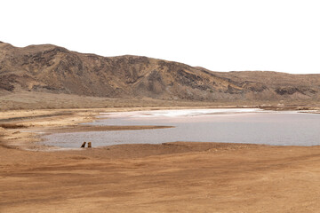Rocky desert landscape with salt lake and transparent sky. Background suitable for 3D compositing