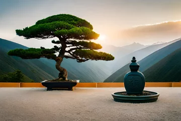 Fotobehang A tranquil Zen garden with meticulously raked gravel, a single bonsai tree, and a stone lantern © usama
