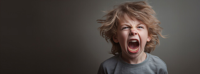 Angry and frustrated kid expresses emotions by screaming on a grey background. Banner cover design. Generative AI - obrazy, fototapety, plakaty