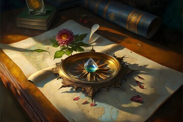 painting of an unfolded US roadmap on library table antique compass one flower petal god rays volumetric lighting fantasy magic detailed realistic 