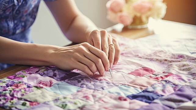 Woman Hand Sewing Quilt