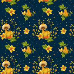Watercolor autumn pattern with pumpkins and mushrooms. Pumpkin flowers, leaves and twigs. Design on a dark blue background.