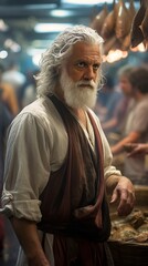 Socrates, a 60-year-old man with gray hair, dressed in ancient Greek clothing, is in a fish market with many people around.