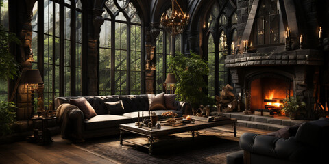 Interior Design, Beautiful Living room Gothic Style, Luxury Mansion, Elegant tall window - obrazy, fototapety, plakaty