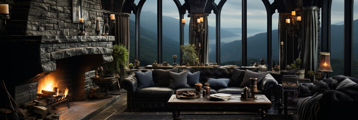 Interior Design, Beautiful Living room Gothic Style, Luxury Mansion, Elegant tall window - obrazy, fototapety, plakaty