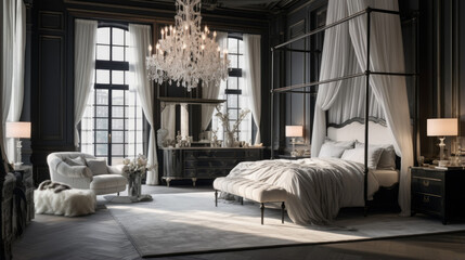 A bedroom with a four-poster bed, elegant silk drapes, a sitting area with plush armchair and a crystal chandelier
