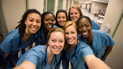 Obraz premium A student nursing team capturing a selfie while engaged in simulation training.