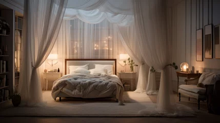 Foto op Canvas A bedroom with a four-poster bed, sheer curtains, a cozy reading corner © Textures & Patterns