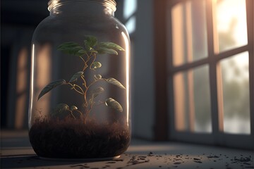 cinematic 4k 3d render photorealistic hyperealistic CGI 4K fully detailed unreal engine seedling in pot inside greenhouse 