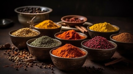 Indian spices. Colourful background from various herbs and spices for cooking in bowls.