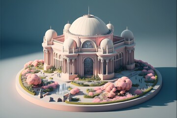 isometric diorama of exterior of the huge palace with pastel pink and white colors near by beautiful music garden with grass flowers futuristic train station and rails highly detailed rendered in 