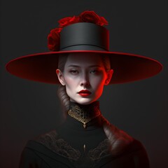 unbearable creativity of fashion in vantablack colors and red accents empress with a beatiful hat 