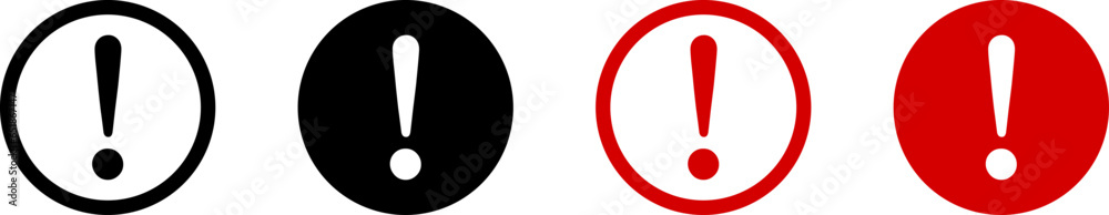 Sticker round circle black red and white warning or attention sign set with exclamation mark icon. vector im