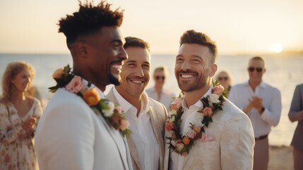 Handsome gay couple in wedding ceremony at outdoor venue near sea under wedding flower arch, Authentic LGBTQ Relationship.